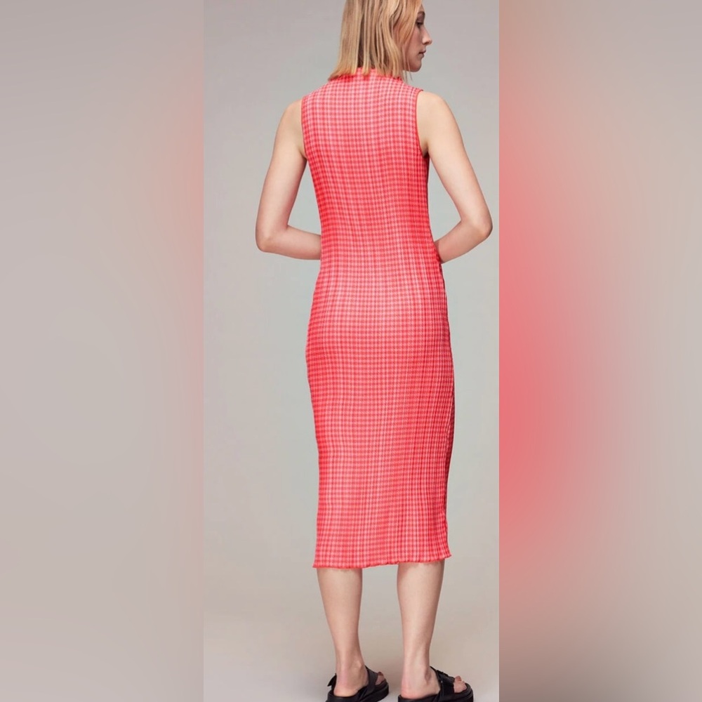 Whistles Pink Houndstooth Plissé Midi Chic Dress Pleated Sleeveless US 16 - Picture 3 of 11